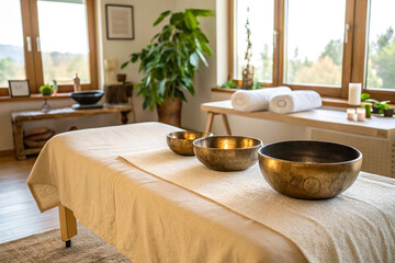 Fototapeta premium A serene treatment room featuring a massage table draped in soft linens,