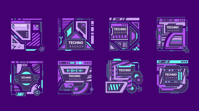 Glitch tech banners. Stylish abstract video frame designs featuring purple and blue hues with a technological theme