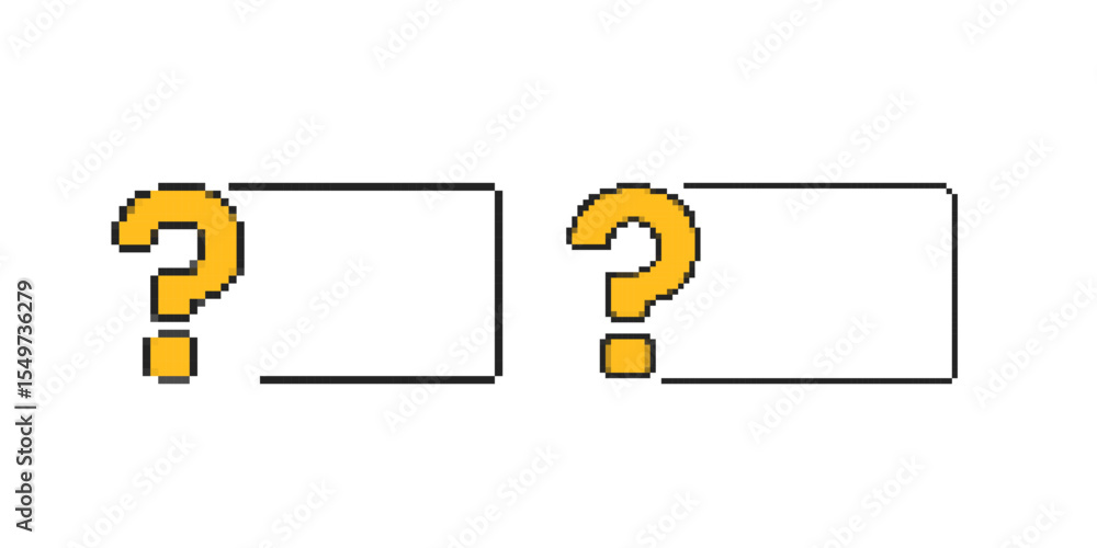 Poster pixel art image with two yellow question marks placed inside outlined boxes, symbolizing mystery or 