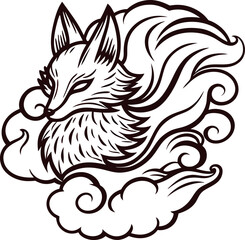 Mystical fox head with elaborate swirling tail and flowing cloud design in vintage monochrome line art