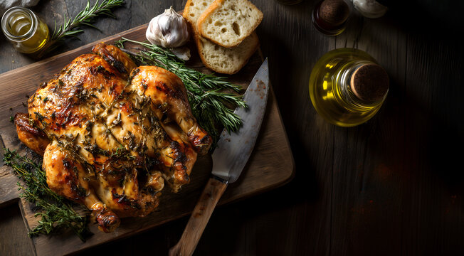 Creative food template. Marinated seasoned rotisserie chicken turkey on wooden block with fresh rosemary sprigs herb, bread garlic, olive oil, carving knife on dark wooden table. copy text space.