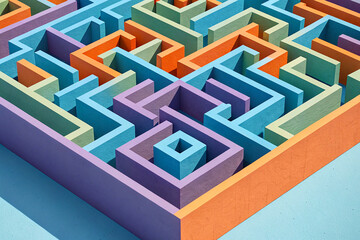 A vibrant, abstract 3D maze composed of interlocking geometric shapes in bold colors
