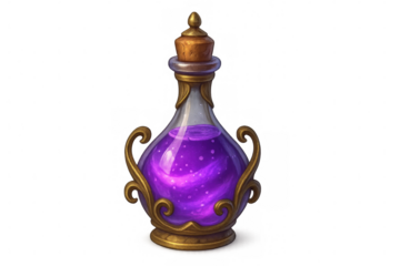 Glass bottle with purple magic potion swirling inside, decorated with golden ornaments and closed with a cork lid, isolated on transparent background