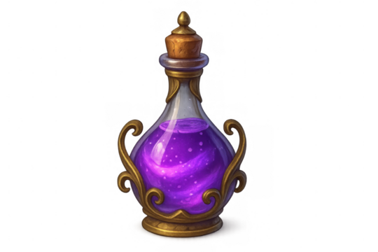 Glass bottle with purple magic potion swirling inside, decorated with golden ornaments and closed with a cork lid, isolated on transparent background