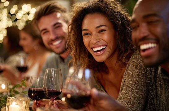 Close-up of a group toasting with wine glasses at a dining table, diverse people celebrating in a restaurant