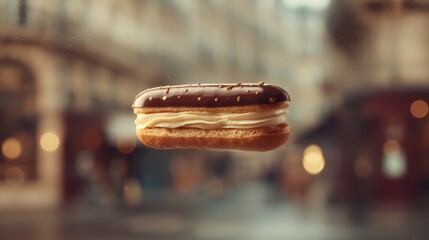 Suspended chocolate Ã©clair with vanilla cream burst on a softly blurred Parisian patisserie window background under soft midday light