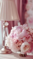 Soft pastel peony and rose bouquet detail on a softly blurred bridal suite backdrop under perfect lighting