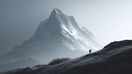 Solitary figure hiking towards a majestic mountain. Dramatic lighting, cool tones. Symbolizes ambition, challenge, adventure, exploration, and resilience.