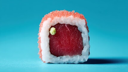 Spicy tuna roll with wasabi dot on a bright blue background under vibrant lighting