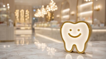 Cosmetic dentistry ad with bright smile icon and blank service area on a softly blurred luxurious clinic scene