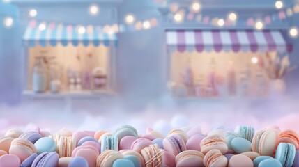 Pastel gradient background mockup with pastel macarons array and clear area for copy on softly blurred candy shop scene