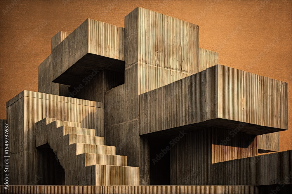 Poster Abstract Modern Geometric Concrete Architecture Sculpture with Stairs and Large Block Structures on Orange Background