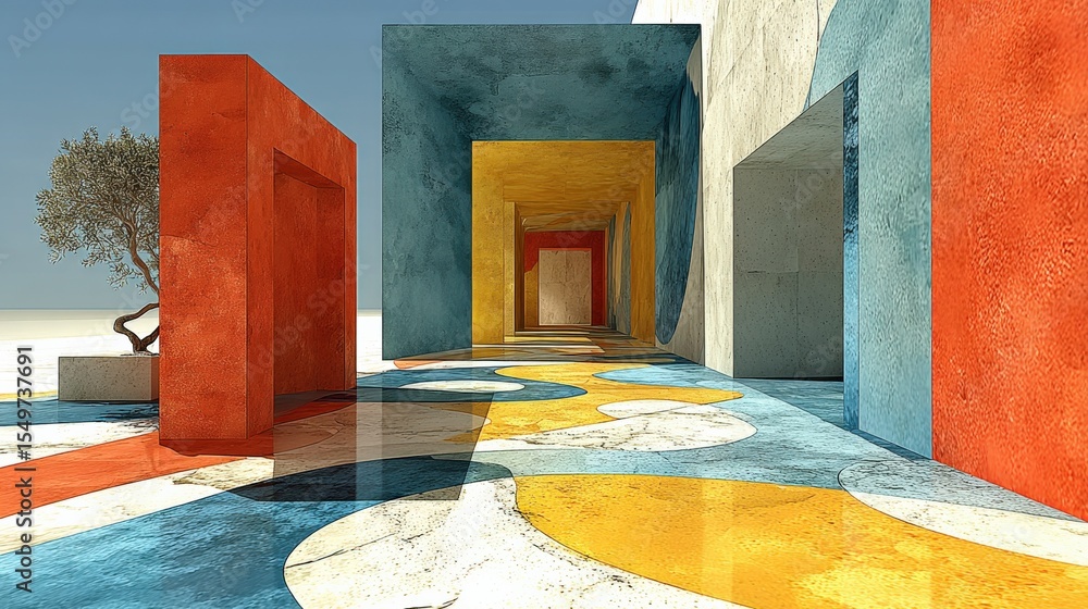 Poster Vibrant colorful modern architectural structure with geometric shapes and bright painted walls in outdoor setting with tree in background