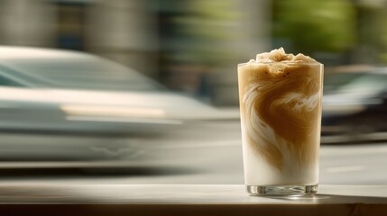 Coffee smoothie with espresso shot swirl on a softly blurred cafÃ© window backdrop under morning rush light