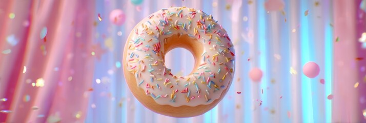 Hovering glazed donut with rainbow sprinkle shower against a softly blurred pastel carnival backdrop under perfect lighting