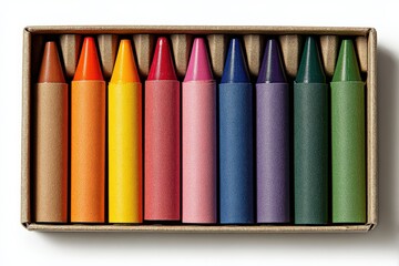 Naklejka premium Set of Eight Vibrant Pastel Chalks in a Recycled Cardboard Box with Detailed Textures and Bright Colors for Art, Design, and Craft Projects