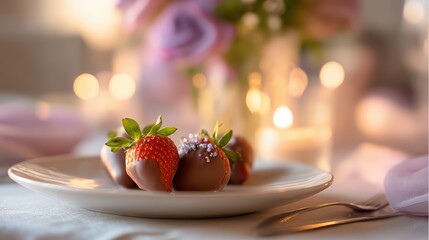 Chocolate-dipped strawberries on a softly blurred romantic dinner table backdrop under perfect lighting