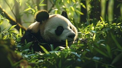 Obraz premium close up of a beautiful panda in the jungle, panda bear in nature
