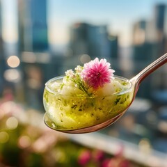 Floating cucumber gazpacho shot with dill spritz and edible flower on a glass spoon against a softly blurred rooftop garden under daytime light