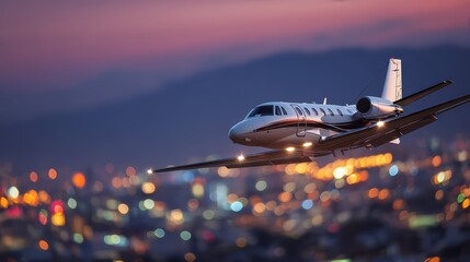 Private jet banking over city skyline at twilight with softly blurred lights below