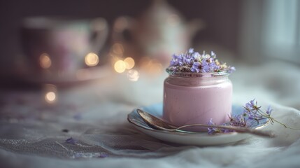 Blackberry lavender yogurt with edible flower garnish on a softly blurred vintage tea room background under soft spotlight