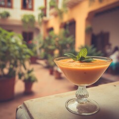 Chilled cantaloupe gazpacho with basil oil droplets and mint leaf garnish in a glass bowl on a softly blurred Spanish courtyard under soft evening light