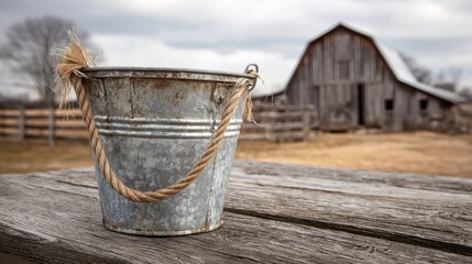 Fototapeta premium Rustic metal pail in galvanized silver with rope handle on a softly blurred farmhouse barn backdrop