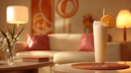 Nostalgic Harvey Wallbanger with orange twist and galliano float on a softly blurred 1970s lounge under perfect lighting