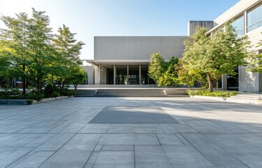 Modern, light-filled plaza with a large, light gray building. Lush greenery surrounds the paved space