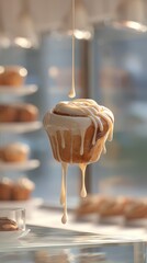 Levitating cinnamon roll with cream cheese icing drips on a softly blurred artisanal bakery shelf under soft morning light