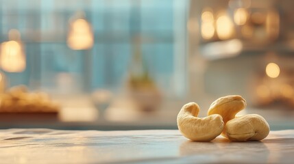 Creamy cashew kernels on a softly blurred vegan kitchen background under perfect lighting