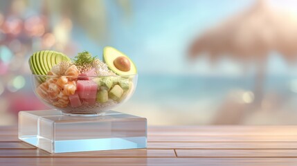 Vibrant poke bowl on a floating clear acrylic podium with avocado fan garnish on a softly blurred tropical beach hut background