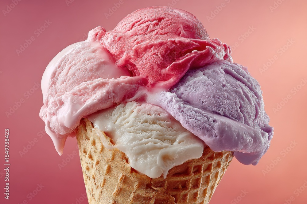Poster colorful multi-flavor ice cream scoops in a waffle cone with soft pastel pink background perfect for