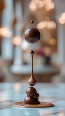 Mid-air chocolate truffle with ganache eruption on a softly blurred upscale patisserie counter