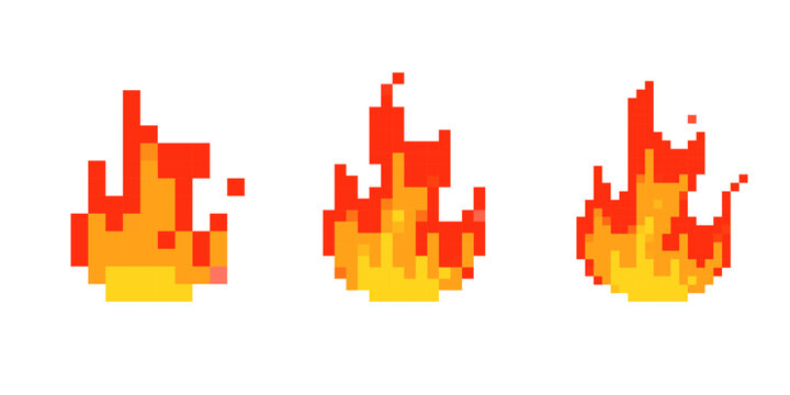 Vibrant pixel art fire icons depict flames in a retro 8 bit style, ideal for game design use.