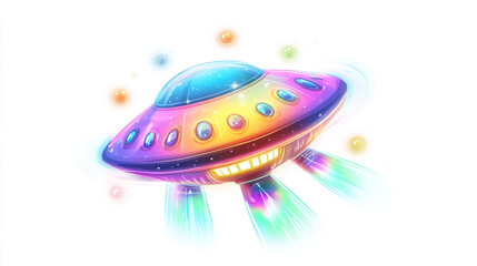 Colorful cartoon UFO with light beams and hovering orbs, in a fun and imaginative style