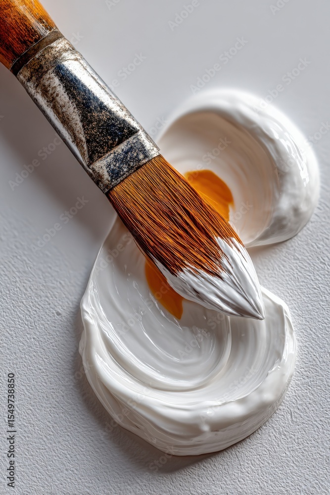 Aufkleber close-up of a paintbrush with brown bristles applying brown paint into a small cup of white paint on