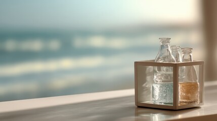 Glass cube shelf with crystal water bottles and blank label area on softly blurred spa backdrop