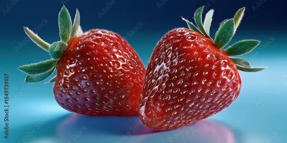 Poster vibrant fresh red strawberries with green leaves on reflective surface brightly lit with smooth grad