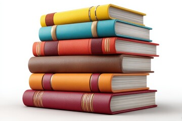 Tall stacked colorful hardcover books arranged in a vertical pile on a plain white background with detailed textures and vibrant colors