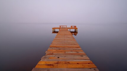 Deserted wooden dock extending into fog over still water