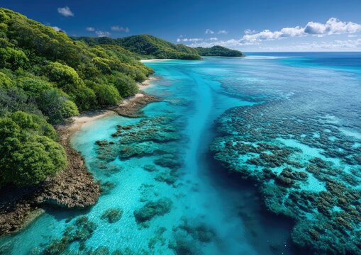 Fototapeta Aerial view of the Great Barrier Reef, Australia. Focused on vibrant blue waters and intricate coral reefs, with a clear sky in the background.