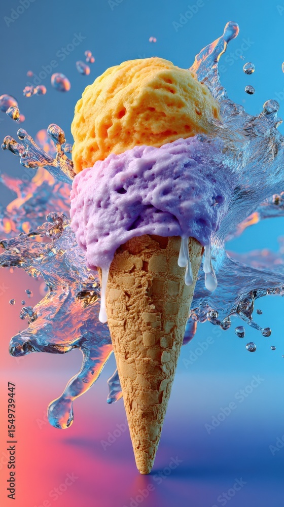 Poster delicious colorful triple scoop ice cream cone with melting scoops splash water and sky background i