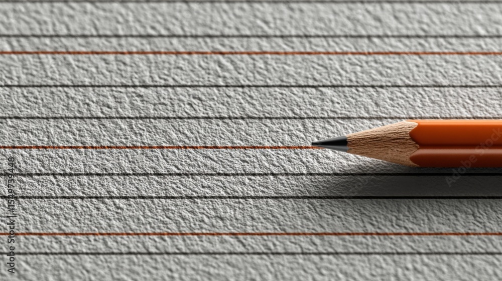 Poster close-up of a ened orange pencil writing on textured gray paper with red margin lines in a top-down 
