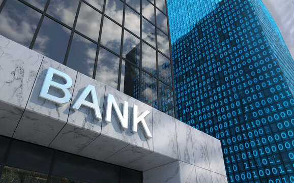 Modern Bank Building Facade with Digital Binary Code Representing Fintech