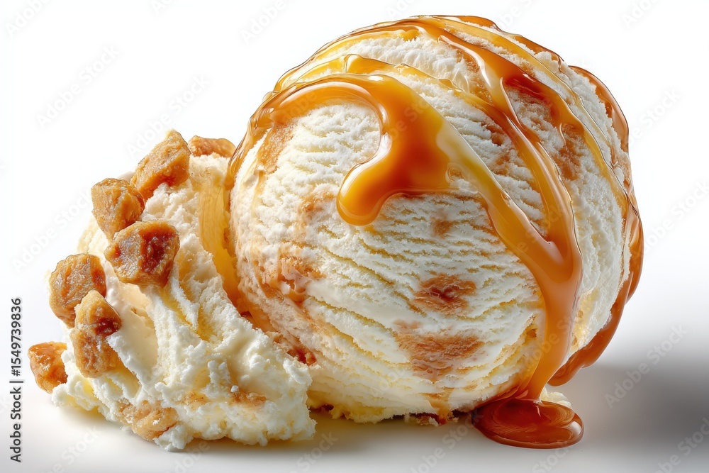 Poster close-up of a scoop of creamy vanilla ice cream with caramel syrup drizzled on top and a side of cru