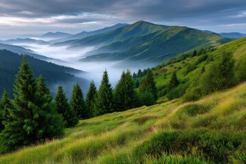Fototapeta premium Mountain view foggy valley lush green hillside towering pines under cloudy skies