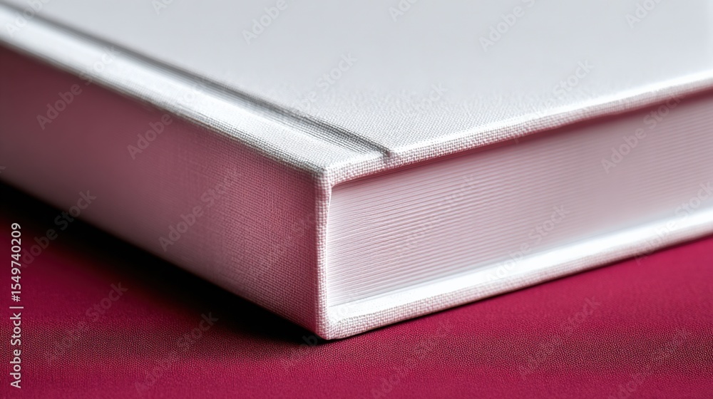 Poster close-up of a thick hardcover book with a textured white cover and pink edges resting on a pink surf