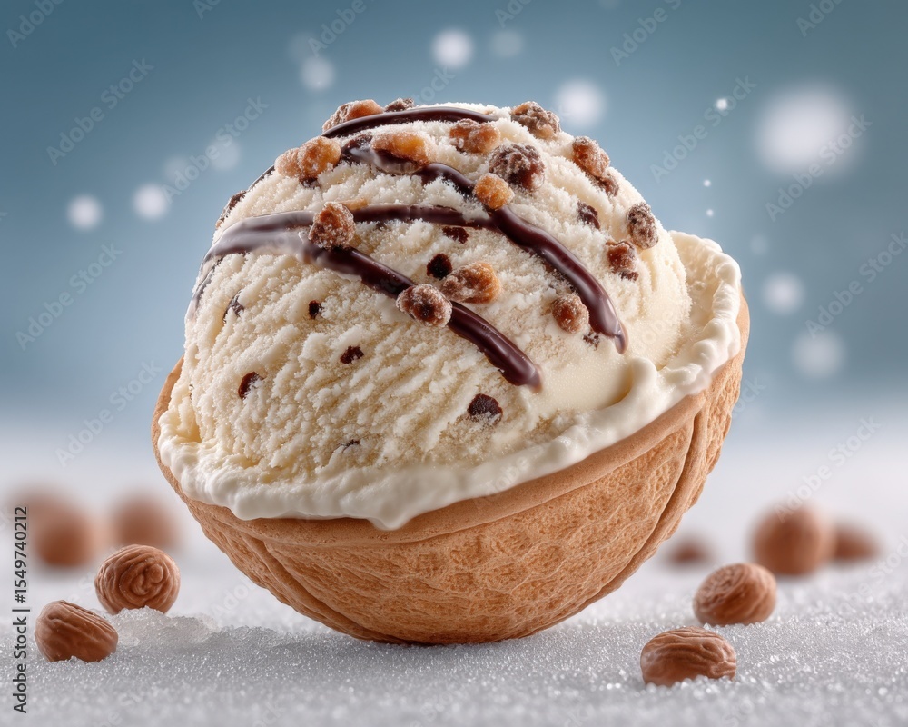 Poster delicious creamy vanilla ice cream with chocolate syrup and crunchy nuts in a waffle bowl surrounded