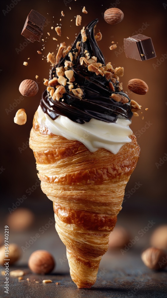 Poster Delicious layered ice cream cone with chocolate sauce nuts and wafers with floating chocolate pieces and hazelnuts on dark background